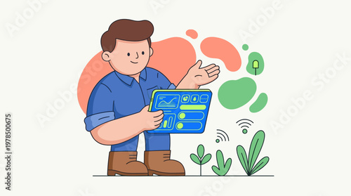 Illustrated man with digital tablet analyzing data technology information and business