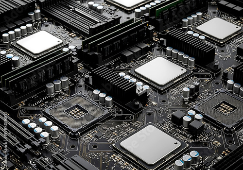 A close up high angle view of a complex computer motherboard showing multiple integrated processor chips and circuit pathways