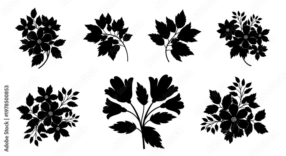 Fototapeta premium A collection of black floral silhouettes on a white background