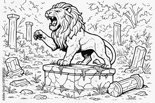 Roaring Marble Lion in an Abandoned Garden, Children's Coloring Book