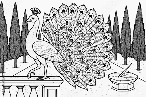 Marble peacock displaying its magnificent tail on a stone parapet, garden background, coloring page
