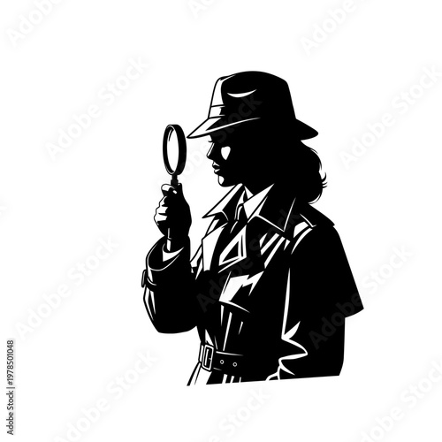 Silhouette of a Detective Woman Investigating with Magnifying Glass.