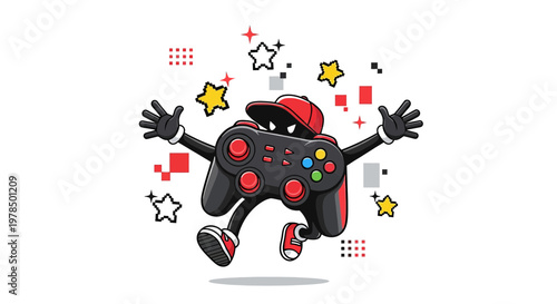 Cartoon gamepad character celebrating victory in a video game world design with stars