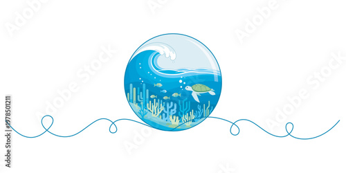 World Oceans Day Illustration with Marine Life, Sea Turtle and Coral Reef