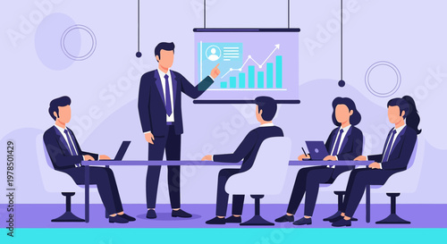 Business meeting presentation with statistical growth analysis showing teamwork strategy and