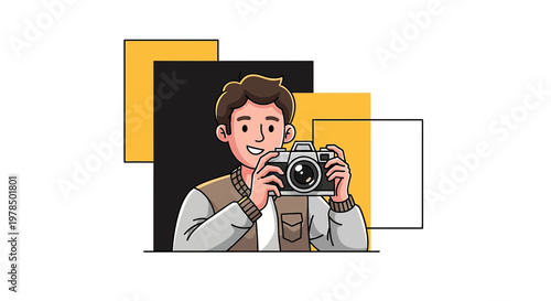 Captivating cartoon illustration of a photographer against abstract graphic elements and neutral