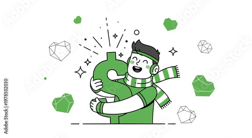 Cartoon character hugging dollar sign surrounded by geometric shapes and sparkles on white backdrop