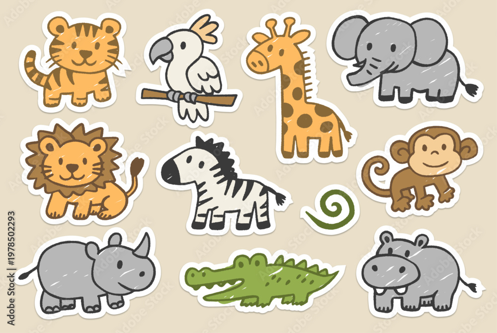 Obraz premium Set of cute colorful safari animal stickers in crayon drawing style. jungle creatures icons with white border.
