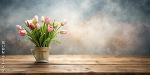 A Delicate Bouquet of Pink and White Tulips in a Rustic Vase on a Wooden Table Against a Soft, Textured Background