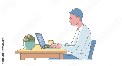 Young man working on laptop while drinking coffee at wooden table with potted plant.