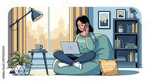 Young woman working remotely on laptop while talking on phone in cozy home office.