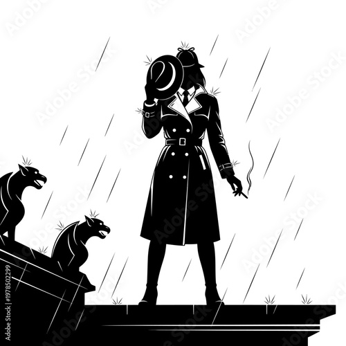 Silhouette of a Female Detective in Trench Coat Holding Hat.