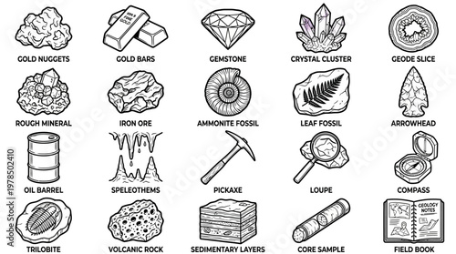 Geology Minerals Vector Illustration Rocks Crystals Gemstones Fossils Gold Bars Geodes Pickaxe Magnifying Glass Paleontology Earth Science Natural History Educational Artwork Design