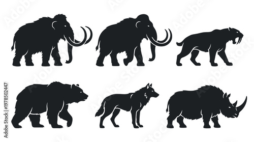 Prehistoric Ice Age Animals Vector Illustration Woolly Mammoth Saber-Toothed Cat Rhinoceros Bear Wolf Extinct Species Silhouette Graphic Design Extinct Wildlife Artwork