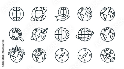 Global Navigation Vector Illustration Line Icons Geography Compass Globe Connectivity Exploration Ecology Environment Location Pin Orbit Arrows Magnifying Glass Paper Airplane Artwork Design