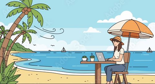 Woman working on laptop at a beachside table under umbrella with palm trees and ocean view.