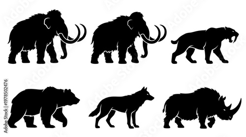 Prehistoric Ice Age Animals Vector Illustration Woolly Mammoth Saber-Toothed Cat Rhinoceros Bear Wolf Extinct Species Silhouette Graphic Design Extinct Wildlife Artwork