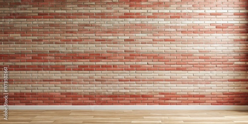 Empty room with a striking red and cream brick wall and light wood flooring ideal for design projects