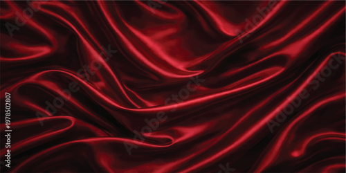 Luxurious red silk and satin fabric background with smooth flowing waves and a shiny textile texture creates an elegant soft drapery backdrop for design