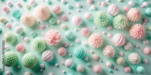 Pastel-colored decorative spheres and paper flowers arranged on a mint green background, creating a visually appealing and aesthetically pleasing design.