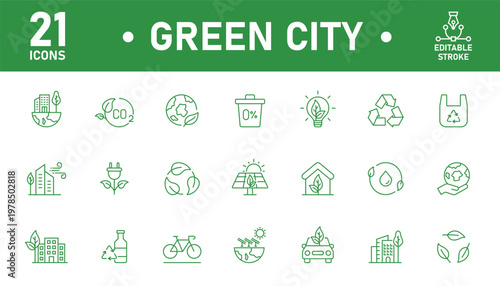 Green city line icon set. Set of 21 outline icons related to eco friendly urban, environment, green city planning, clean transport, zero waste, eco city, recycling and others. Editable stroke. Vector 