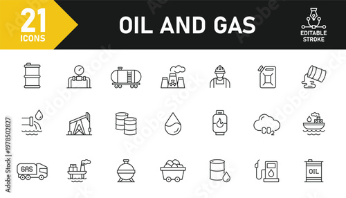 Oil and Gas line icon set. Set of 21 outline icons related to fuel, oil, gas, oil barrel, lubricant, petroleum, gas pump, oil well and others. Editable stroke. Vector illustration.