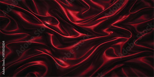 Luxury red silk and satin fabric background with smooth flowing curves and shiny textile textures creating an elegant ruby drapery backdrop for fashion decoration