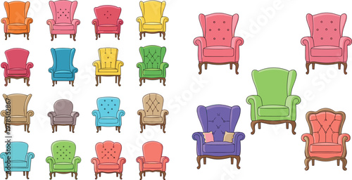 Colorful armchair collection with vintage upholstered furniture, cozy living room seating vector illustration set isolated background