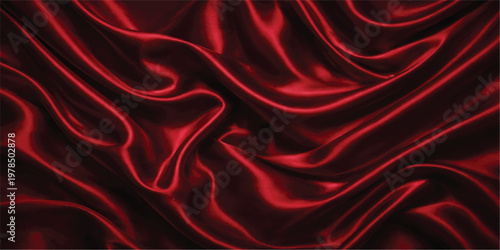 Smooth red silk and satin fabric textile with a luxury flowing wave pattern creates an elegant soft shiny material backdrop for a red velvet drapery decoration