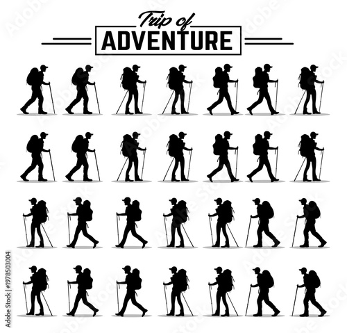 Trip of adventure collection of 28 hiking dynamic black silhouette vector set depicting men with backpacks and trekking poles. Diverse walking poses, group formations, and solo adventures.