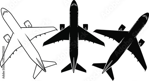 Title three airplane silhouettes a top down view of aviation and flight description a black and white illustration showcasing three different airplane silhouettes