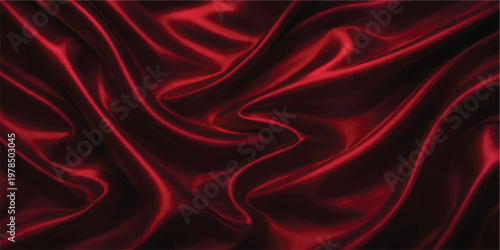 Smooth red silk and satin fabric background with a soft flowing wave texture creates a luxury textile backdrop featuring shiny material and elegant curves