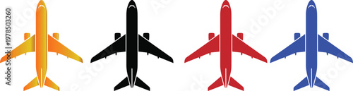 Four colorful stealth aircraft silhouettes a modern aviation illustration