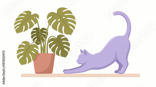 Minimalist illustration of a purple cat stretching by a potted Monstera plant
