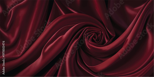Smooth red silk and satin fabric textile creates a luxury backdrop with soft flowing waves and elegant curves for a shiny material texture