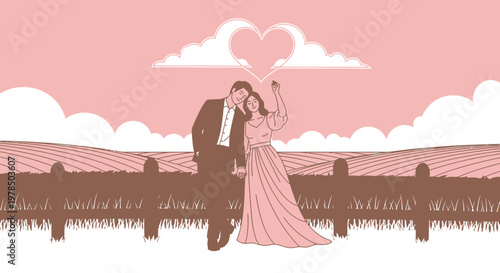 Romantic Couple Embracing Under Heart Cloud, Wedding Vows, Love Story