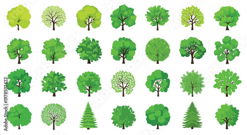 Green tree icons set, 28 flat vector deciduous and coniferous trees, organic nature symbols for landscape design and map creation