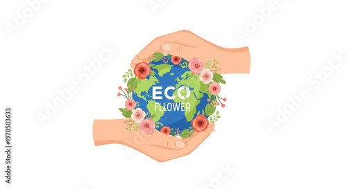Against a clean white background, a vector illustration shows hands tenderly holding a stylized globe adorned with flowers, symbolizing the human care concept and promoting