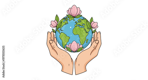Illustrated with a clean background, a pair of hands gently cradles a vibrant globe adorned with blooming flowers, symbolizing environmental stewardship and a commitment to nurturing