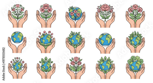 Against a white backdrop, a vector illustration shows hands holding an Earth globe adorned with flowers, symbolizing a human care concept focused on environmental protection
