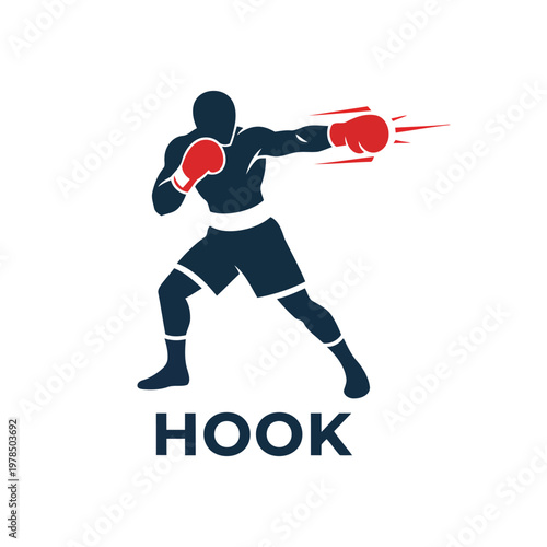 Boxer throwing a powerful right hook, dynamic action pose, isolated vector on white