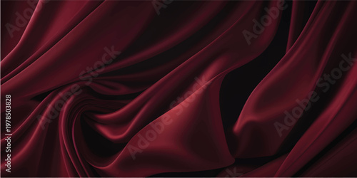 Red silk and satin fabric texture creates a smooth shiny material with soft flowing waves and elegant drapery for a luxury red textile background decoration