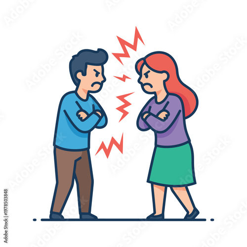 Couple arguing with crossed arms, emotional tension, flat vector icon, isolated on white