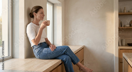 A woman sits by a window, holding a mug and looking out, enjoying a moment of quiet reflection.