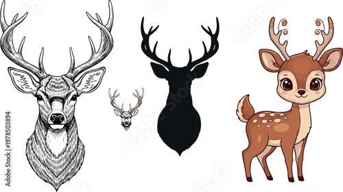 Deer head illustration set with realistic engraving, silhouette and cute cartoon fawn character, wildlife vector collection isolated