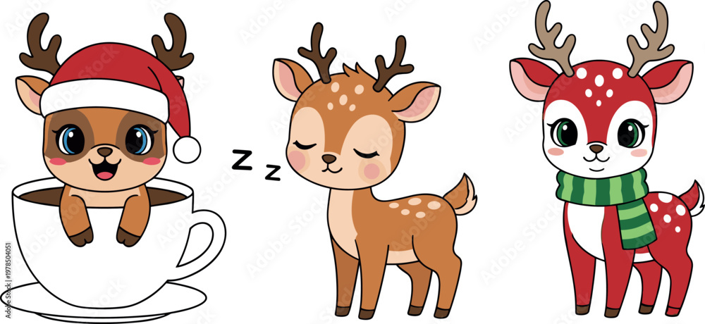 Obraz premium Cute Christmas reindeer characters collection with winter accessories, cartoon deer animals in festive style vector illustration set
