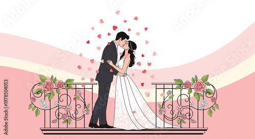 Romantic Couple Kissing on Wedding Day with Hearts Falling