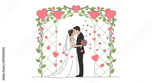 Romantic Couple Kissing Under Heart Archway, Wedding Illustration