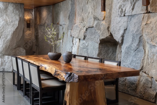 Live edge dining table complements rustic stone wall in modern room.