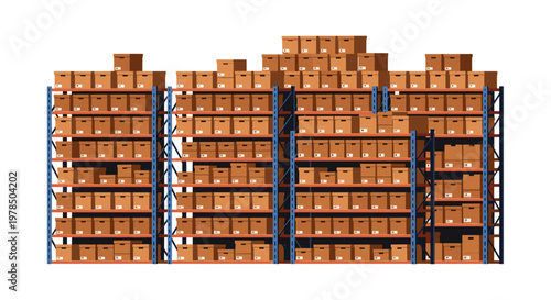 Large warehouse shelving unit packed with rows of identical brown cardboard boxes is presented in a clean flat vector illustration on a white background.